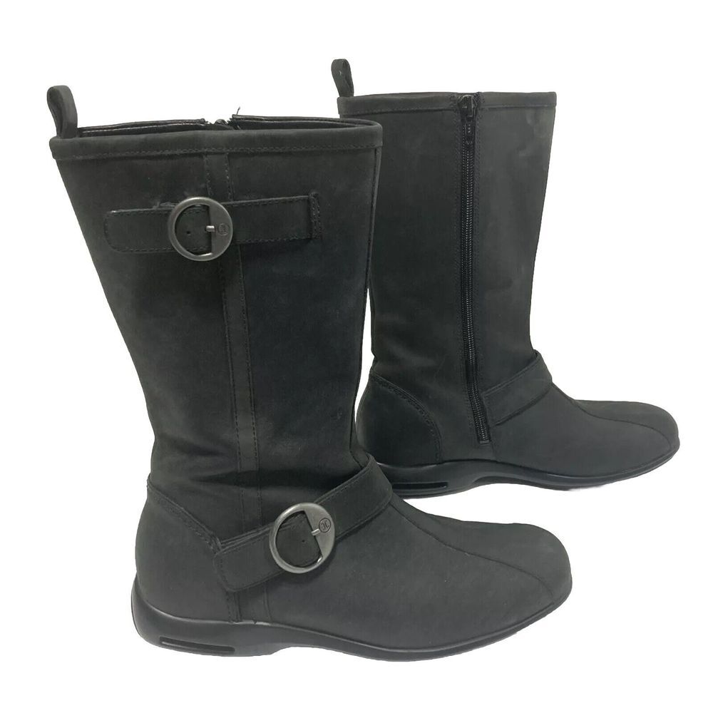 Cole Haan Black Gray Leather Boots Zipper Buckle Moto Mid Calf Sz‎ 7B Waterproof
